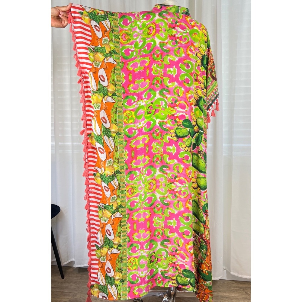 Antica Sartoria Beaded Tassel Kaftan Dress Pink Green OS Vacation Resort NEW - Picture 8 of 16
